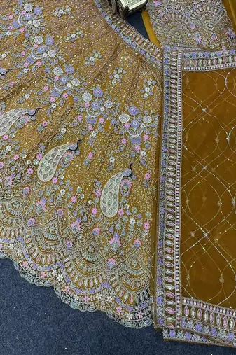 Amber Color Coding Sequins Work Butterfly Net Lehenga Choli Dupatta Set