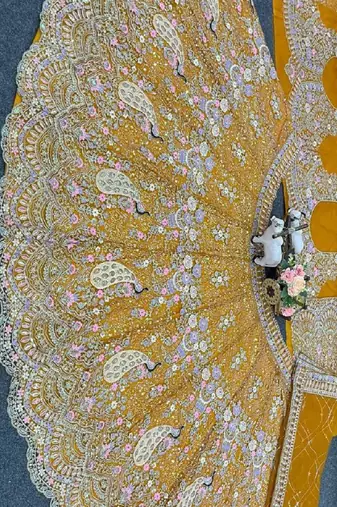 Amber Color Coding Sequins Work Butterfly Net Lehenga Choli Dupatta Set