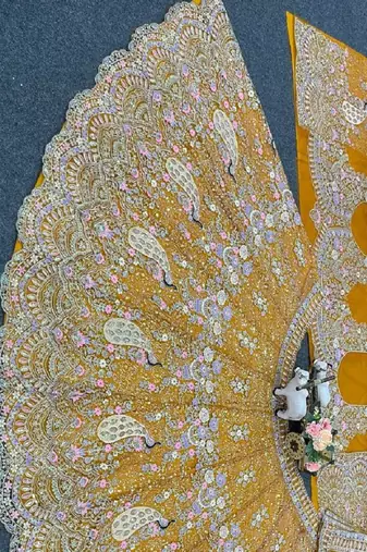 Amber Color Coding Sequins Work Butterfly Net Lehenga Choli Dupatta Set