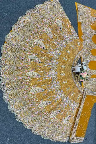 Amber Color Coding Sequins Work Butterfly Net Lehenga Choli Dupatta Set