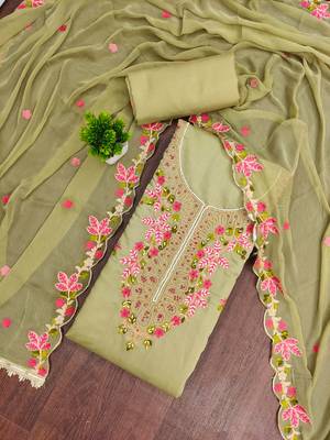 Olive cotton silk embroidered unstitched dress material 1