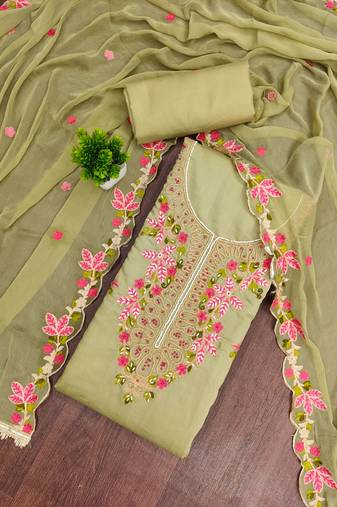 Olive cotton silk embroidered unstitched dress material