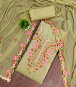 Olive cotton silk embroidered unstitched dress material