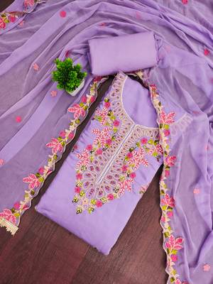Lavender cotton silk embroidered unstitched dress material 1