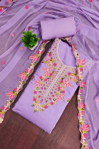 Lavender cotton silk embroidered unstitched dress material