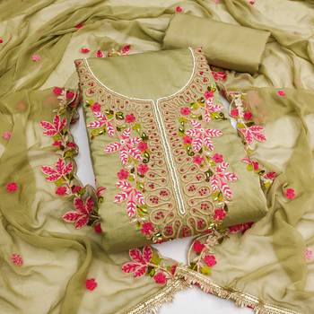 Olive cotton silk embroidered unstitched dress material 2