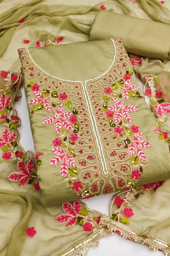 Olive cotton silk embroidered unstitched dress material