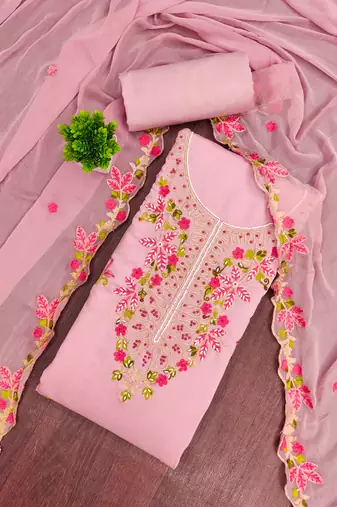 Pink cotton silk embroidered unstitched dress material