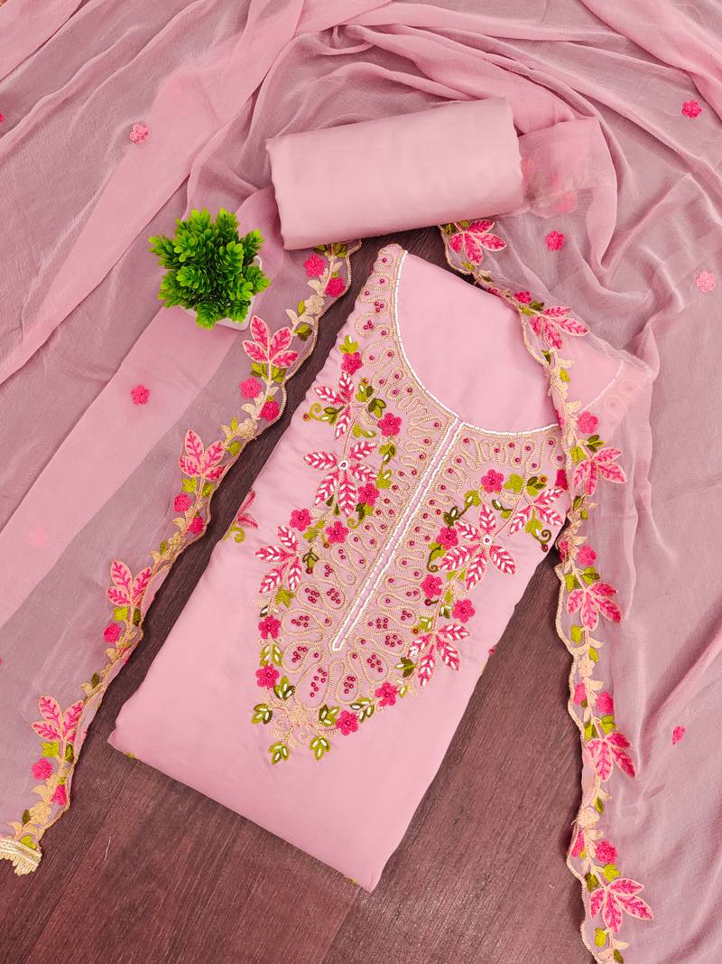 Pink cotton silk embroidered unstitched dress material