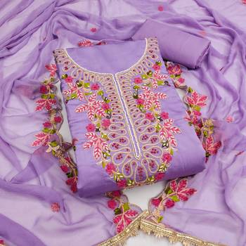 Lavender cotton silk embroidered unstitched dress material 2