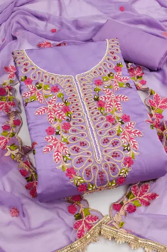 Lavender cotton silk embroidered unstitched dress material