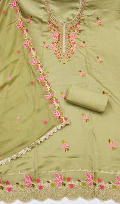 Olive cotton silk embroidered unstitched dress material 3
