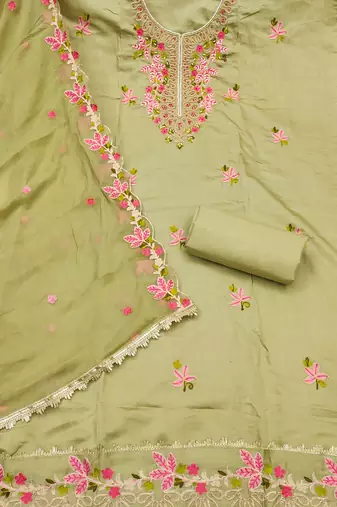 Olive cotton silk embroidered unstitched dress material