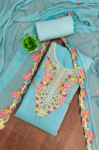 Blue cotton silk embroidered unstitched dress material