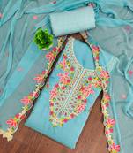 Blue cotton silk embroidered unstitched dress material