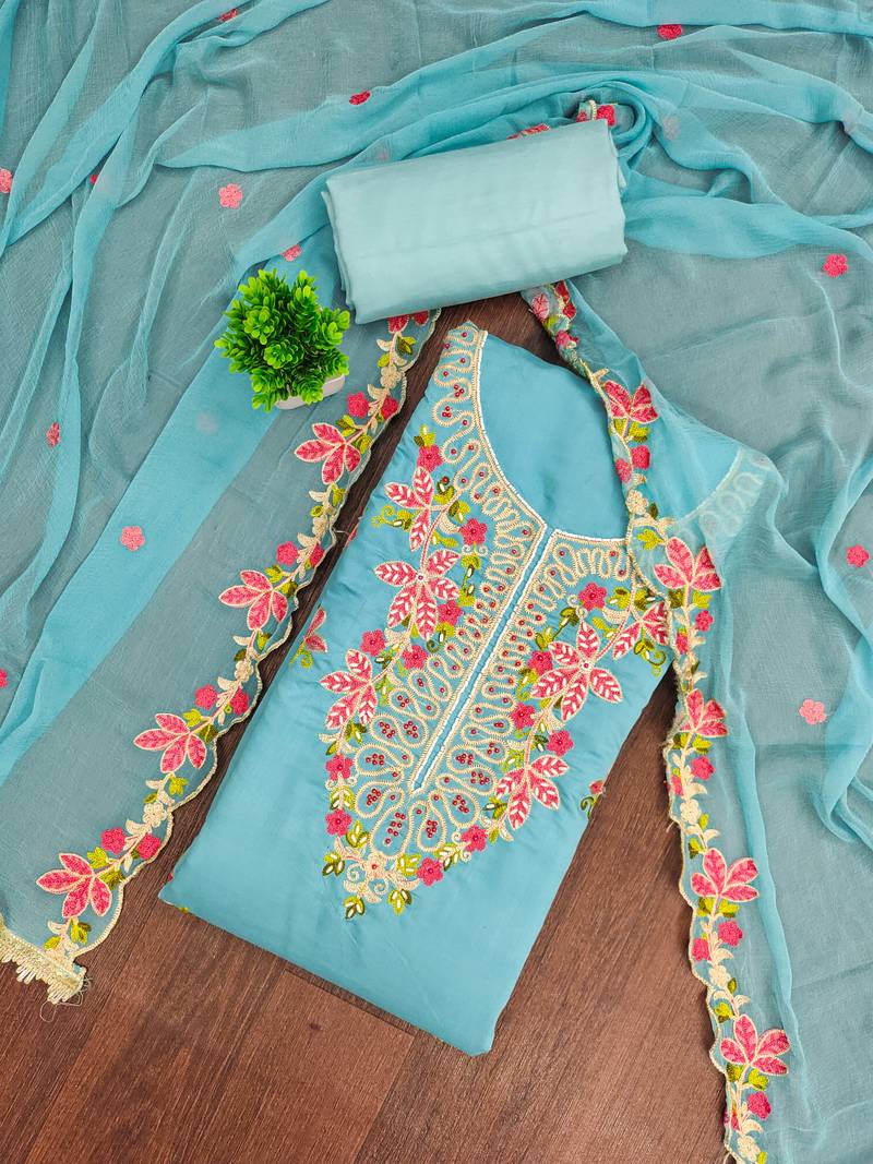 Blue cotton silk embroidered unstitched dress material