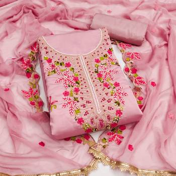 Pink cotton silk embroidered unstitched dress material 2