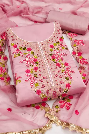Pink cotton silk embroidered unstitched dress material