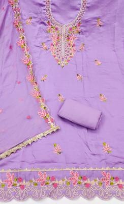 Lavender cotton silk embroidered unstitched dress material 3