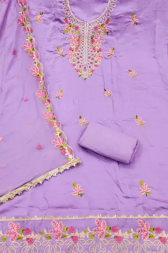 Lavender cotton silk embroidered unstitched dress material