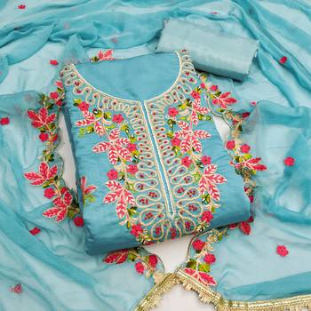 Blue cotton silk embroidered unstitched dress material 2