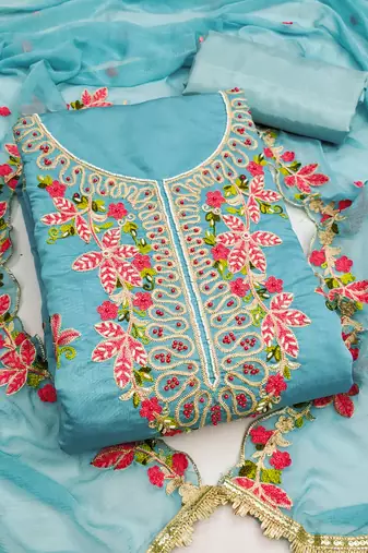 Blue cotton silk embroidered unstitched dress material