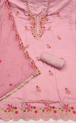 Pink cotton silk embroidered unstitched dress material 3