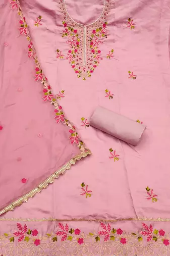 Pink cotton silk embroidered unstitched dress material