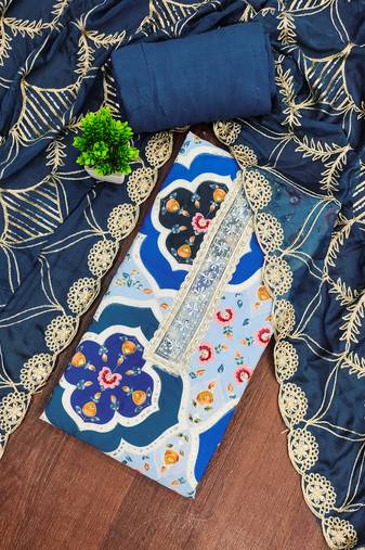 Blue cotton silk printed unstitched dress material