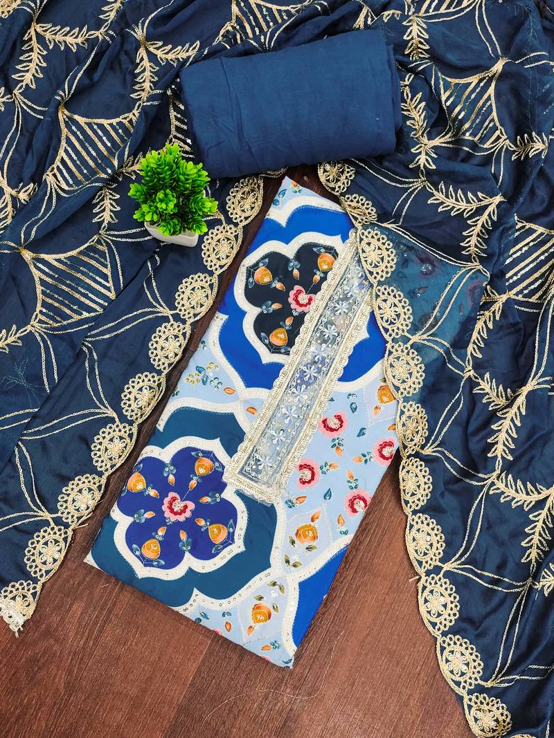 Blue cotton silk printed unstitched dress material