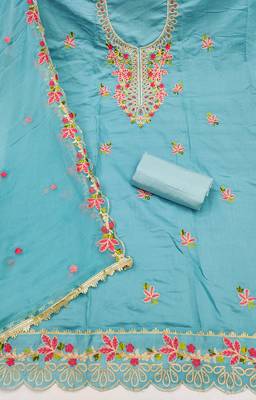 Blue cotton silk embroidered unstitched dress material 3