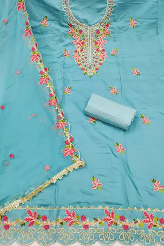 Blue cotton silk embroidered unstitched dress material