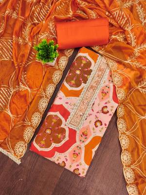 Peach cotton silk printed unstitched dress material 1