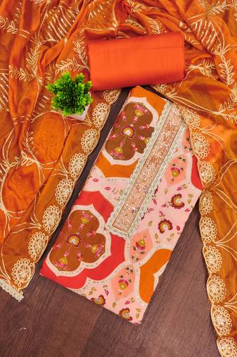 Peach cotton silk printed unstitched dress material