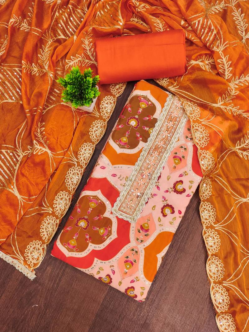 Peach cotton silk printed unstitched dress material