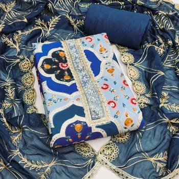 Blue cotton silk printed unstitched dress material 2