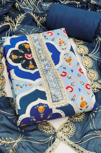 Blue cotton silk printed unstitched dress material