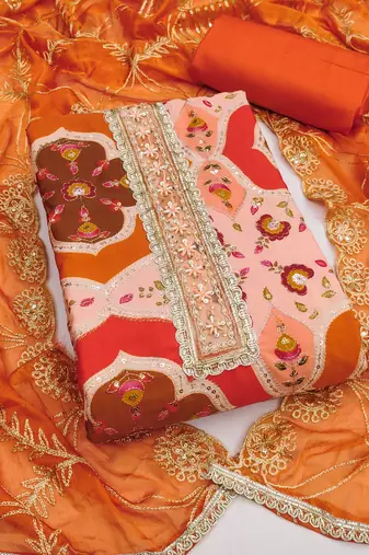 Peach cotton silk printed unstitched dress material