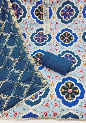 Blue cotton silk printed unstitched dress material 3