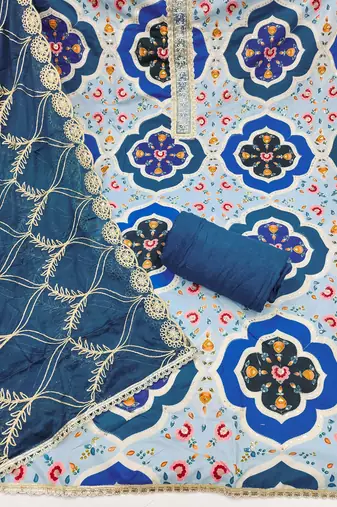 Blue cotton silk printed unstitched dress material