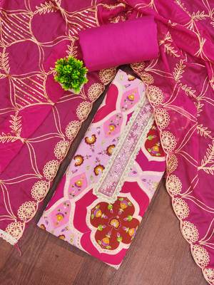 Pink cotton silk printed unstitched dress material 1