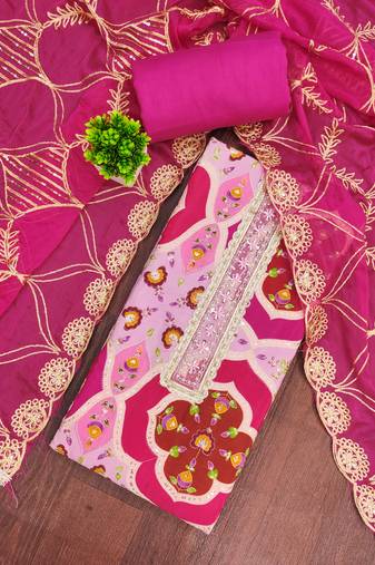 Pink cotton silk printed unstitched dress material