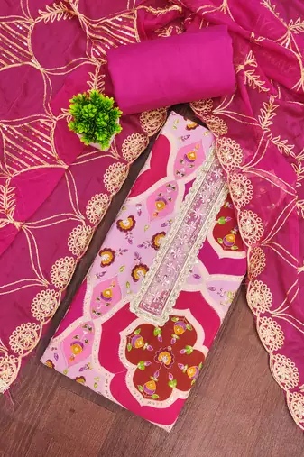 Pink cotton silk printed unstitched dress material