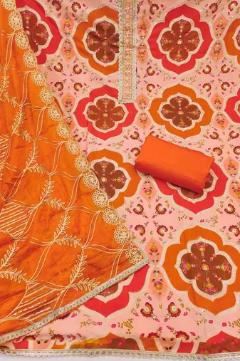 Peach cotton silk printed unstitched dress material