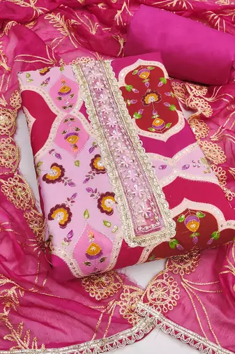 Pink cotton silk printed unstitched dress material