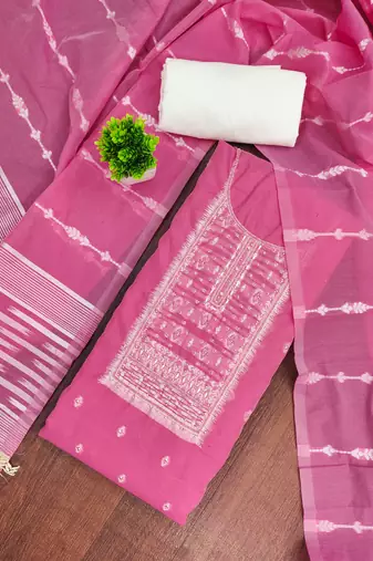 Pink cotton silk embellished unstitched dress material