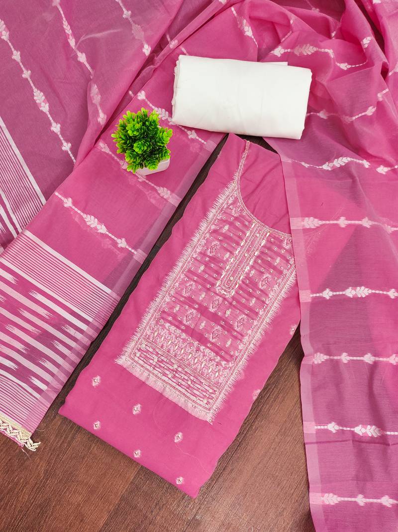 Pink cotton silk embellished unstitched dress material