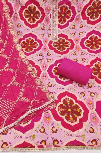 Pink cotton silk printed unstitched dress material
