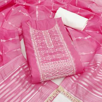 Pink cotton silk embellished unstitched dress material 2