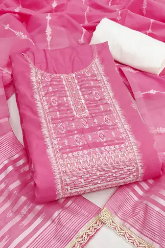 Pink cotton silk embellished unstitched dress material